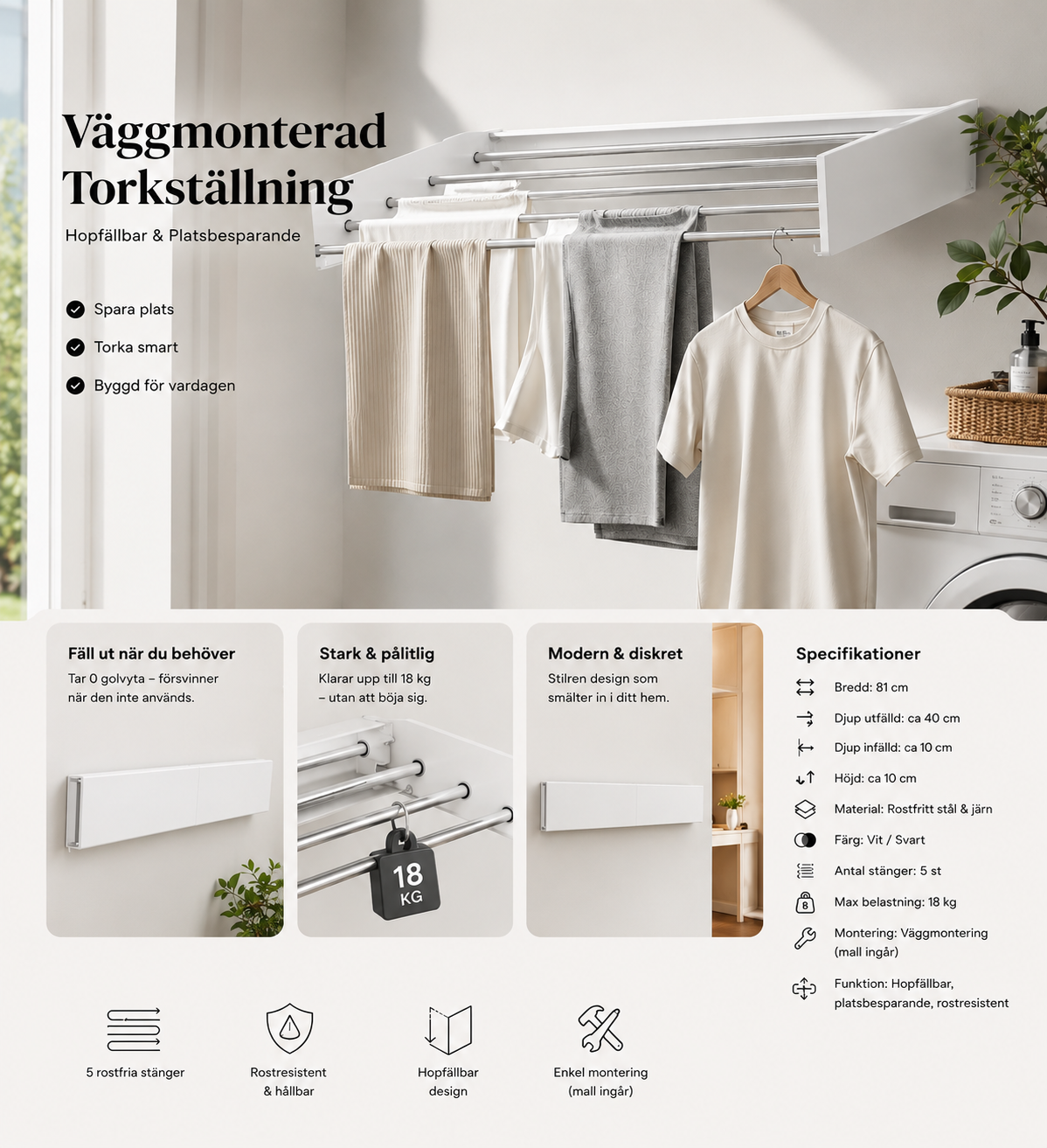Väggmonterad Torkställning – Hopfällbar & Platsbesparande - Bild 8